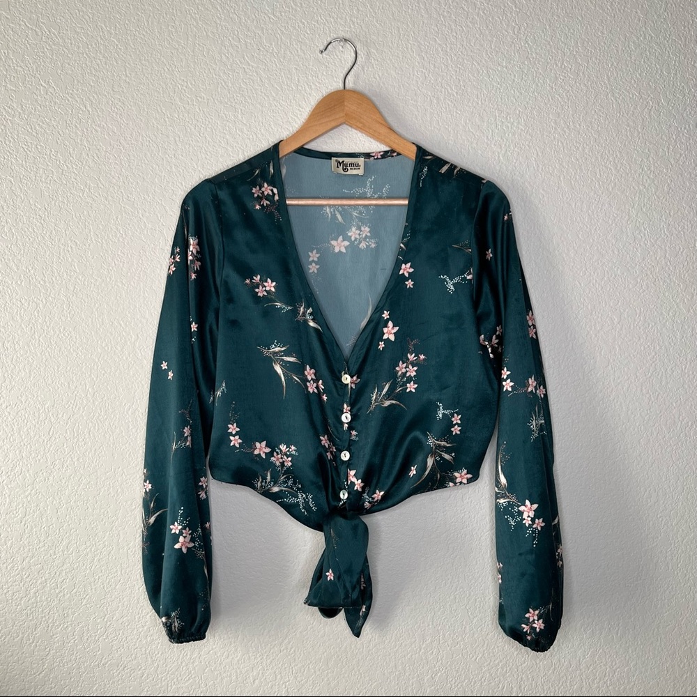 Show Me Your MuMu Floral Tie-Front Blouse - Dark Green and Pink